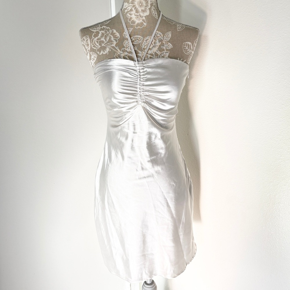 Princess Polly White Satin Ruched Halter Mini Dress US 2 Cocktail Party